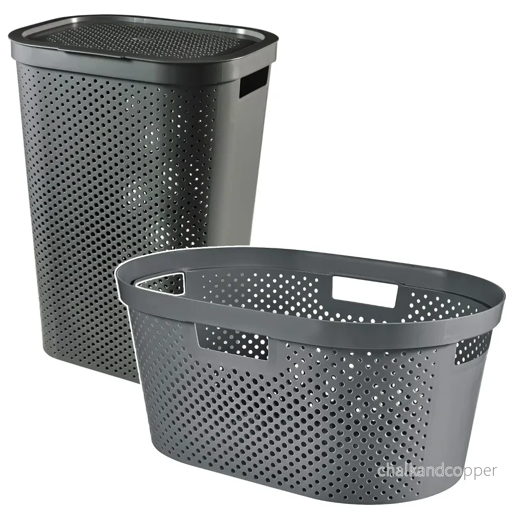 Curver Infinity Recycled mangle / tvättkorg, Kapacitet 40L, Mörkgrå, 100% återvunnen, 245675 + Curver Infinity Recycled 60L tvättkorg