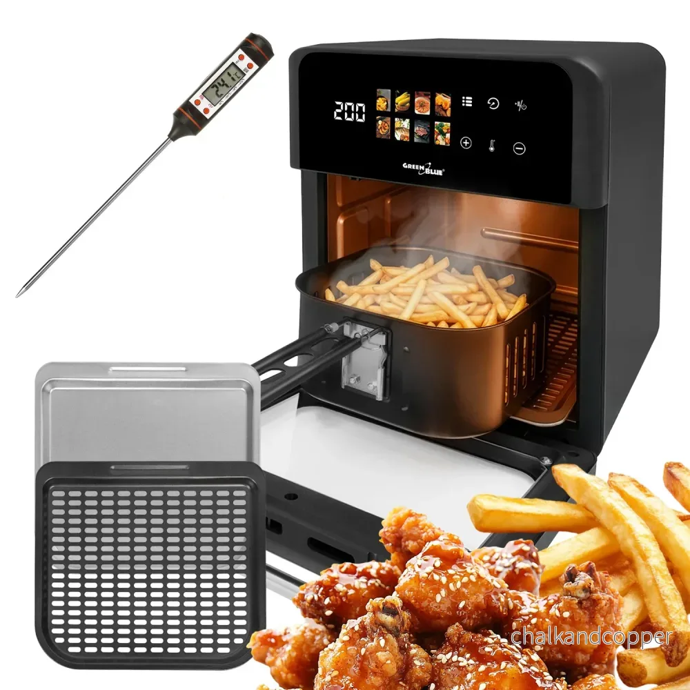 GreenBlue AIR FRYER fettfri fritös, kraftfull 1800 W, 10 liters kapacitet, 8 program, tillbehör, timer, GB950 + mattermometer/matprob, GreenBlue GB178