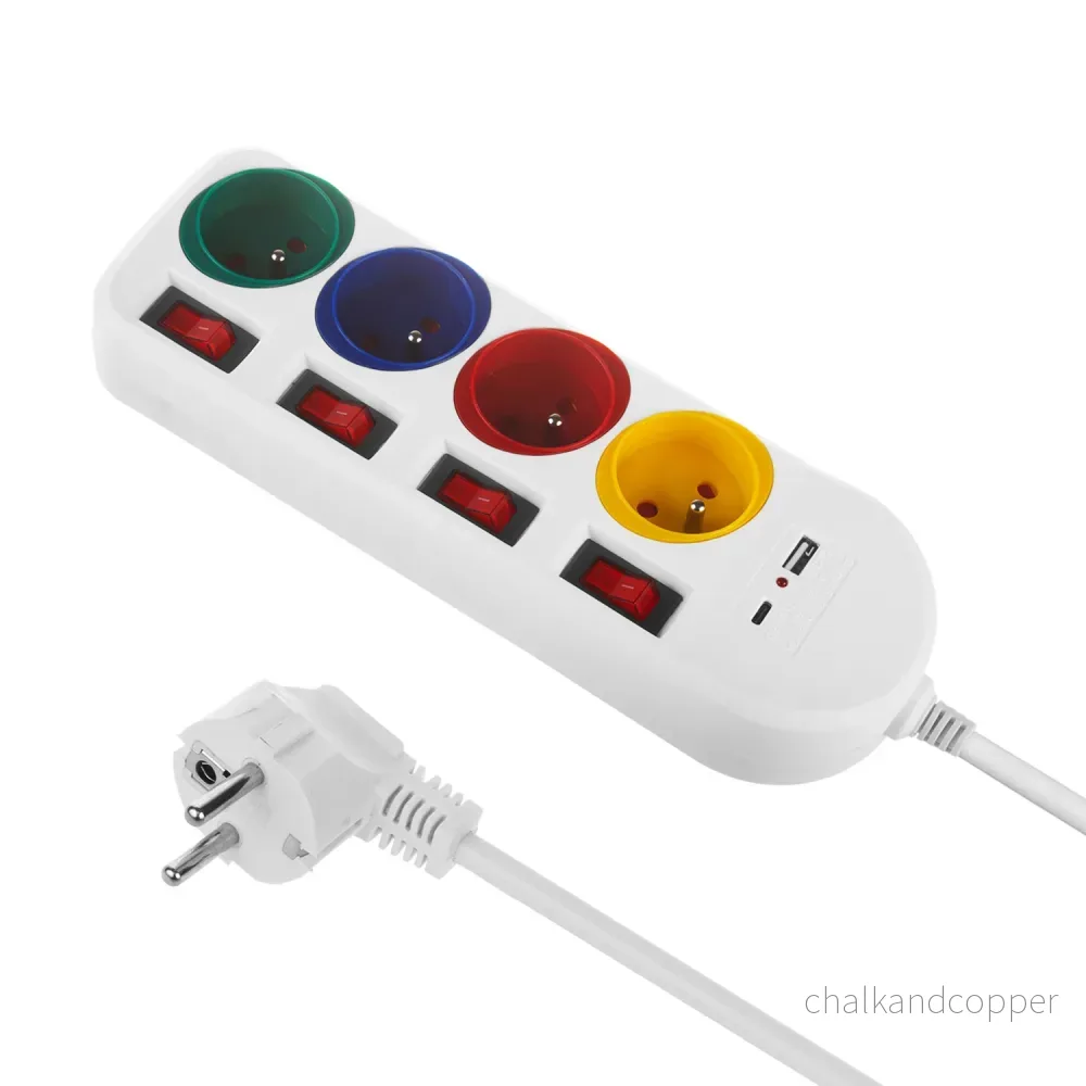 Maclean grenuttag, förlängningskabel 4 uttag + USB A/C, med brytare, 250VAC/10A, 1,5m, vit, MCE508 W