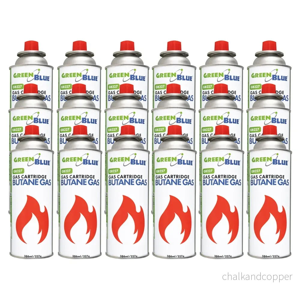 18 gaspatroner à 227 g GreenBlue. Certifikat: Pi 0875, uppfyller standarden EN417, butan, användningstemperatur -10 °C till +40 °C, GB227