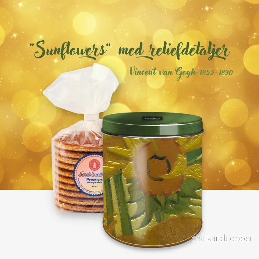 Van Gogh Stroopwafel Plåtburk – Sunflowers med reliefdetaljer och premium stroopwafels (10 st, ca 350 g totalt) – Exklusivt gåvoset