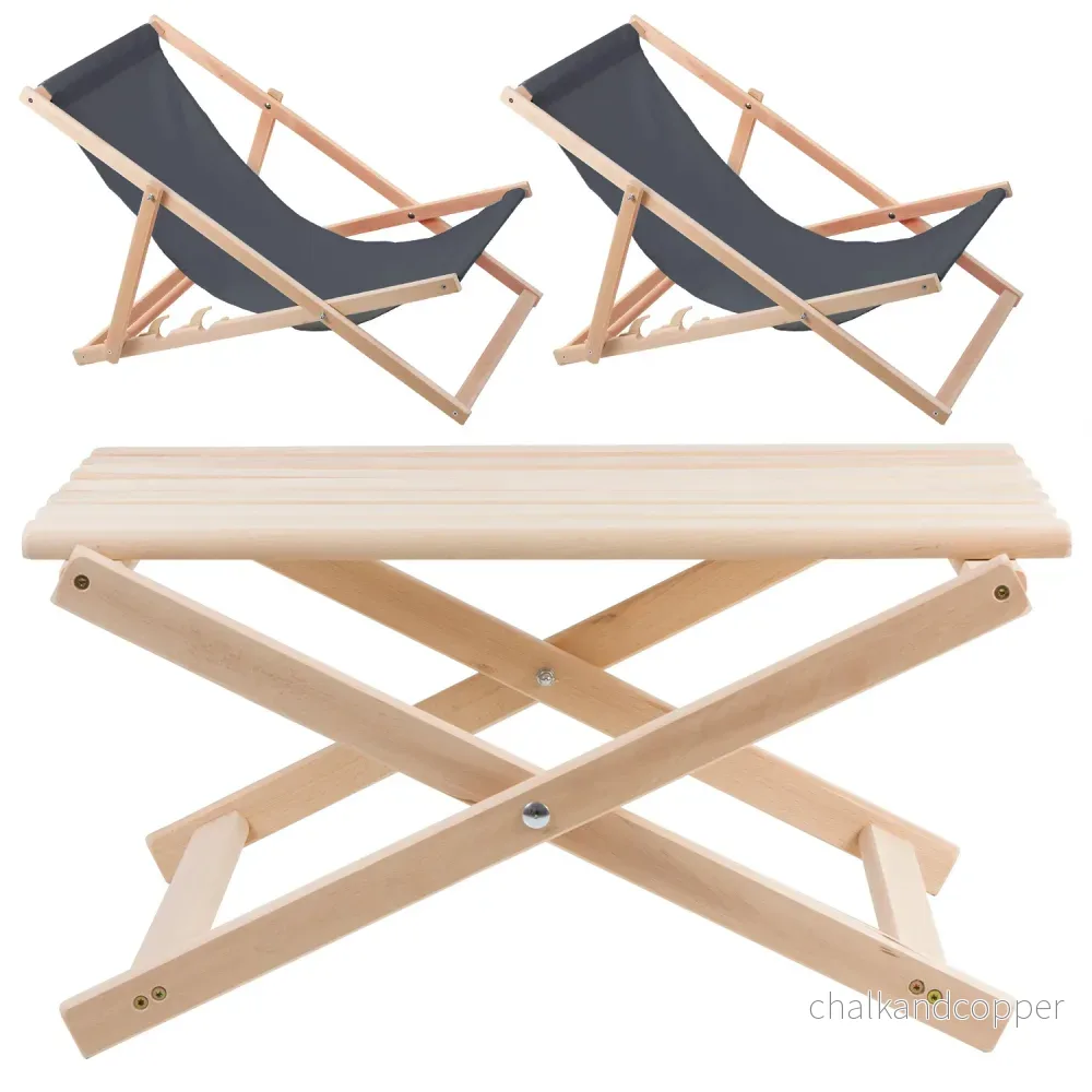 Woodok Trädgårdsset Soffbord + 2x Solstolar Av Bokträ Solstol För Stranden Trädgård Balkong Och Terrass Hopfällbar (grå) - Bild 2