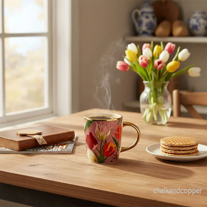 Pretty Tulips Liten Mugg 16cl Rosa – Exklusiv Design med Gulddetaljer - Bild 2