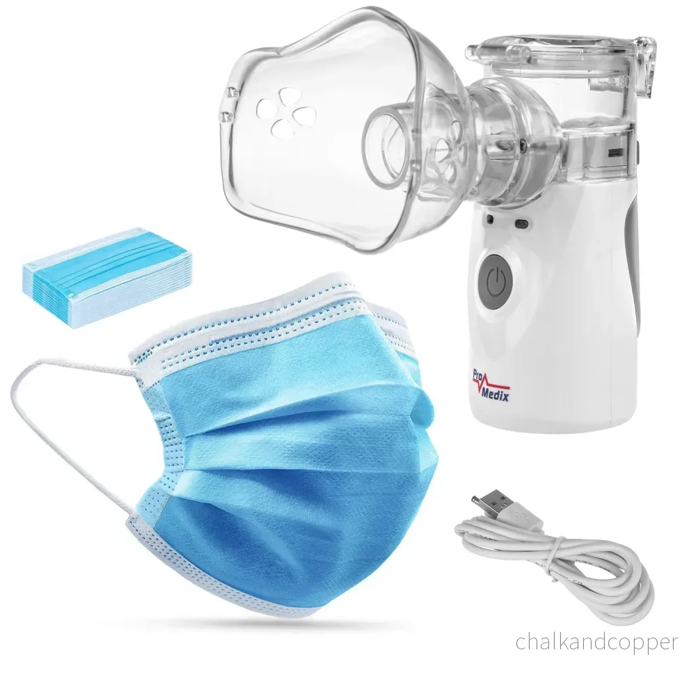 Promedix bärbar / handhållen sladdlös nebulisator inhalator, kit, masker, PR-835 + 2x Medicinska masker CE EN 14683:2019 - kit - blå färg 10 delar Promedix PR-280 BFE>98%.